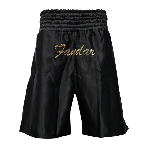Custom Private Label Black Satin Boxing Shorts with Traditional Multi-Channel Elastic Waistband and Metallic Embroidered Script Logo