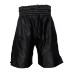 Custom Private Label Black Satin Boxing Shorts with Traditional Multi-Channel Elastic Waistband and Metallic Embroidered Script Logo