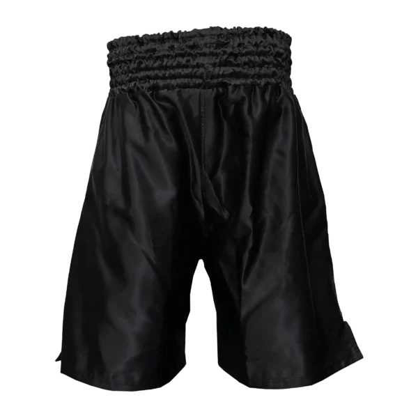 Custom Private Label Black Satin Boxing Shorts with Traditional Multi-Channel Elastic Waistband and Metallic Embroidered Script Logo