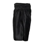 Custom Private Label Black Satin Boxing Shorts with Traditional Multi-Channel Elastic Waistband and Metallic Embroidered Script Logo