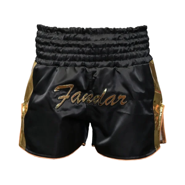 Custom Private Label Black and Gold Satin Muay Thai Shorts with Traditional Multi-Channel Elastic Waistband and Metallic Gold Script Logo
