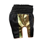 Custom Private Label Black and Gold Satin Muay Thai Shorts with Traditional Multi-Channel Elastic Waistband and Metallic Gold Script Logo