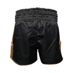 Custom Private Label Black and Gold Satin Muay Thai Shorts with Traditional Multi-Channel Elastic Waistband and Metallic Gold Script Logo