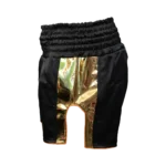 Custom Private Label Black and Gold Satin Muay Thai Shorts with Traditional Multi-Channel Elastic Waistband and Metallic Gold Script Logo
