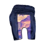 Custom Private Label Navy Blue Satin Muay Thai Shorts with 8-Row Elastic Waistband and Iridescent Chameleon Applique Logo