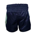 Custom Private Label Navy Blue Satin Muay Thai Shorts with 8-Row Elastic Waistband and Iridescent Chameleon Applique Logo
