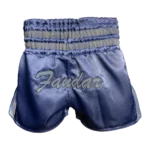 Custom Private Label Steel Blue Satin Muay Thai Shorts with Reflective Dual-Stripe Waistband and Matching Applique Logo