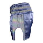 Custom Private Label Steel Blue Satin Muay Thai Shorts with Reflective Dual-Stripe Waistband and Matching Applique Logo