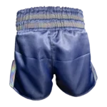 Custom Private Label Steel Blue Satin Muay Thai Shorts with Reflective Dual-Stripe Waistband and Matching Applique Logo