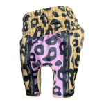 Custom Private Label Leopard Print Satin Muay Thai Shorts with Central FI Laurel Wreath Waistband Patch and Black Script Applique Logo