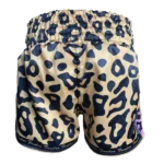 Custom Private Label Leopard Print Satin Muay Thai Shorts with Central FI Laurel Wreath Waistband Patch and Black Script Applique Logo