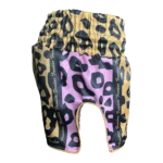 Custom Private Label Leopard Print Satin Muay Thai Shorts with Central FI Laurel Wreath Waistband Patch and Black Script Applique Logo