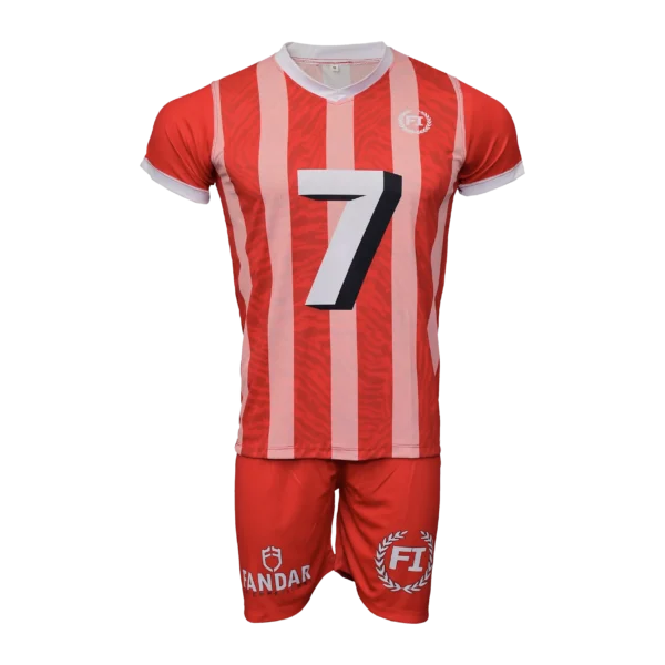 Custom Private Label Red and Pink Striped Soccer Uniform Kit with 3D Front and Back Number 7 and Matching Red Shorts