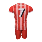 Custom Private Label Red and Pink Striped Soccer Uniform Kit with 3D Front and Back Number 7 and Matching Red Shorts