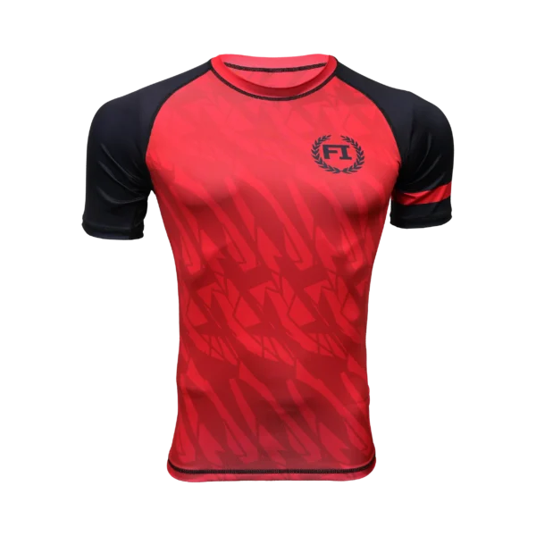 Custom Private Label Short Sleeve Red and Black Compression Rashguard with Geometric Sublimation Pattern and FI Laurel Wreath Logo