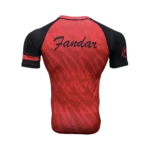 Custom Private Label Short Sleeve Red and Black Compression Rashguard with Geometric Sublimation Pattern and FI Laurel Wreath Logo