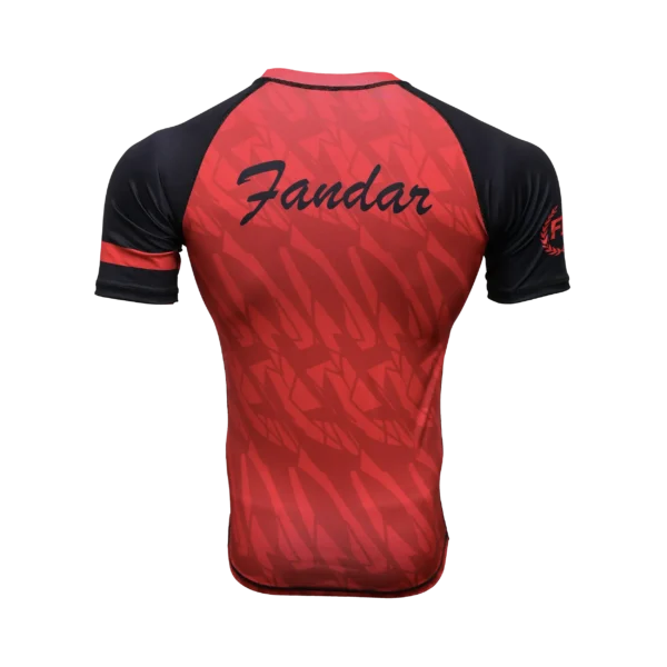 Custom Private Label Short Sleeve Red and Black Compression Rashguard with Geometric Sublimation Pattern and FI Laurel Wreath Logo