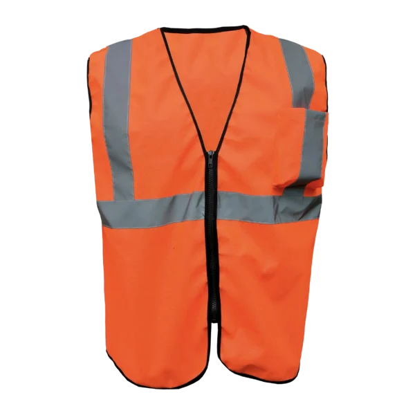 Custom Private Label Fluorescent Orange High Visibility Safety Vest with Reflective Silver Strips, Left Chest Radio Pocket, and Black Zipper