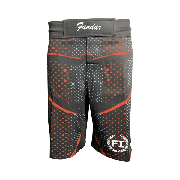 Custom Private Label Charcoal Grey and Red Halftone Sublimated MMA Fight Shorts with Hook-and-Loop Waistband and FI Laurel Wreath Logo