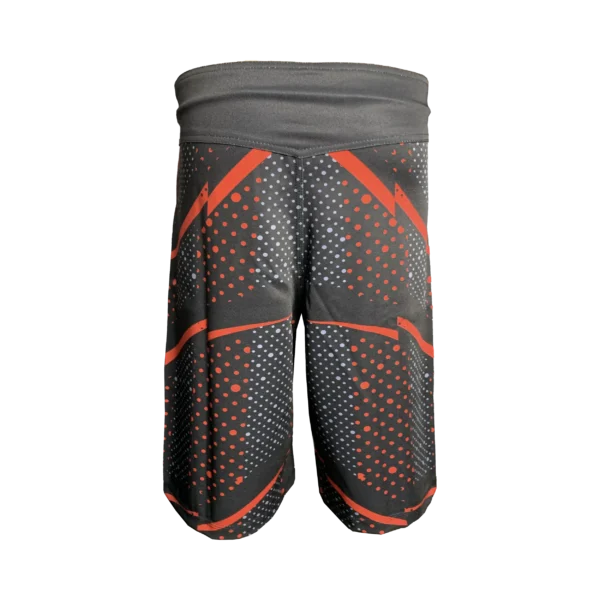 Custom Private Label Charcoal Grey and Red Halftone Sublimated MMA Fight Shorts with Hook-and-Loop Waistband and FI Laurel Wreath Logo