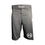 Custom Private Label Black MMA Fight Shorts with White Prowling Tiger Side Graphics, Hook-and-Loop Waistband, and FI Laurel Wreath Logo