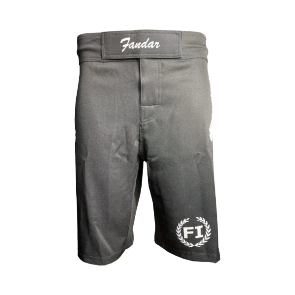 Custom Private Label Black MMA Fight Shorts with White Prowling Tiger Side Graphics, Hook-and-Loop Waistband, and FI Laurel Wreath Logo