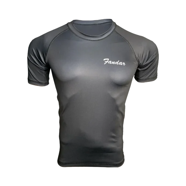 Custom Private Label Short Sleeve Charcoal Rashguard with White Fandar Script Chest Logo and Sublimated Twin Tiger Sak Yant Back Print