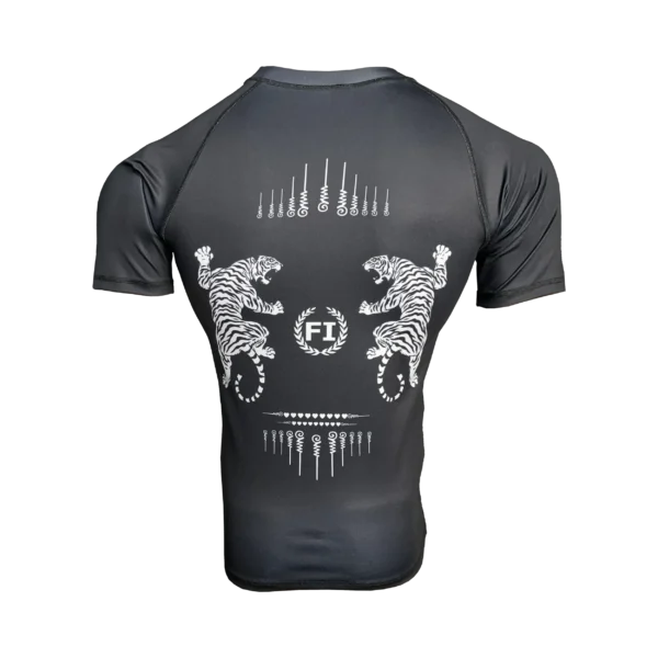 Custom Private Label Short Sleeve Charcoal Rashguard with White Fandar Script Chest Logo and Sublimated Twin Tiger Sak Yant Back Print