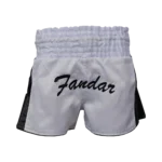 Custom Private Label White and Black Satin Muay Thai Shorts with 8-Row Elastic Waistband and Black Script Applique Logo