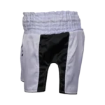 Custom Private Label White and Black Satin Muay Thai Shorts with 8-Row Elastic Waistband and Black Script Applique Logo