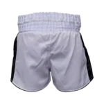 Custom Private Label White and Black Satin Muay Thai Shorts with 8-Row Elastic Waistband and Black Script Applique Logo