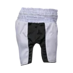 Custom Private Label White and Black Satin Muay Thai Shorts with 8-Row Elastic Waistband and Black Script Applique Logo