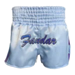 Custom Private Label Sky Blue Satin Muay Thai Shorts with Iridescent Script Applique Logo and Matching Multi-Color Side Panels