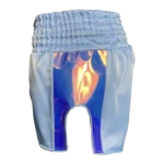 Custom Private Label Sky Blue Satin Muay Thai Shorts with Iridescent Script Applique Logo and Matching Multi-Color Side Panels