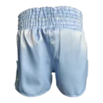 Custom Private Label Sky Blue Satin Muay Thai Shorts with Iridescent Script Applique Logo and Matching Multi-Color Side Panels
