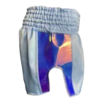 Custom Private Label Sky Blue Satin Muay Thai Shorts with Iridescent Script Applique Logo and Matching Multi-Color Side Panels