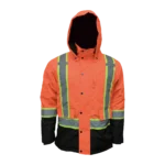 Custom Private Label Waterproof Orange and Black High Visibility Safety Jacket with Reflective Silver Strips, Insulated Storm Hood, and Cargo Pockets