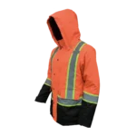 Custom Private Label Waterproof Orange and Black High Visibility Safety Jacket with Reflective Silver Strips, Insulated Storm Hood, and Cargo Pockets