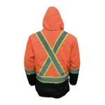 Custom Private Label Waterproof Orange and Black High Visibility Safety Jacket with Reflective Silver Strips, Insulated Storm Hood, and Cargo Pockets