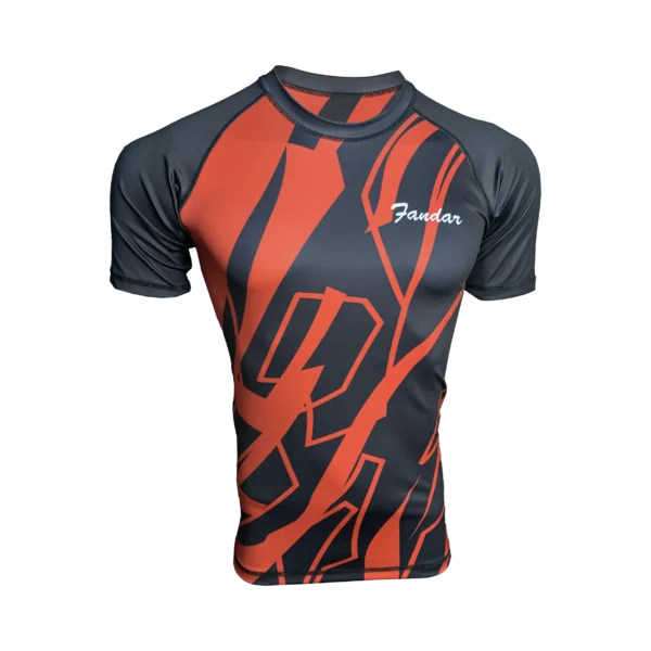 Custom Private Label Short Sleeve Charcoal and Red Rashguard with Abstract Geometric Pattern and White Fandar Script Chest Logo