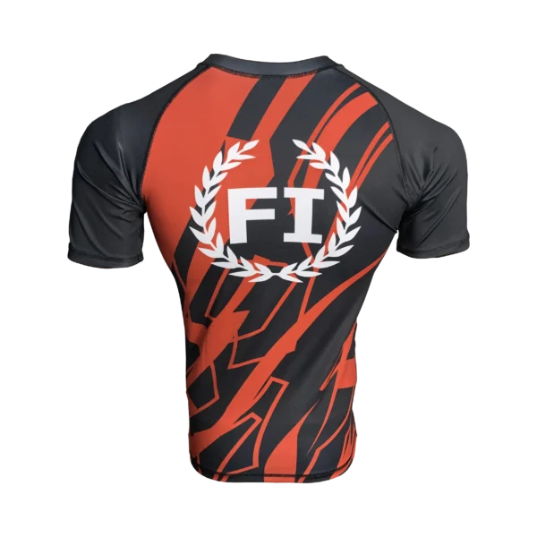 Custom Private Label Short Sleeve Charcoal and Red Rashguard with Abstract Geometric Pattern and White Fandar Script Chest Logo